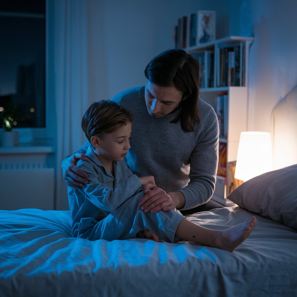 image of a child being comforted by a parent, while they give the child a light massage on the leg. A bedroom environment at night, conveying care and comfort.