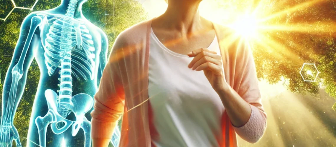 DALL·E 2025-01-14 10.06.13 - A vibrant and uplifting image of an elderly woman walking happily in a sunny park. She is surrounded by lush green trees and a bright, clear sky. In t