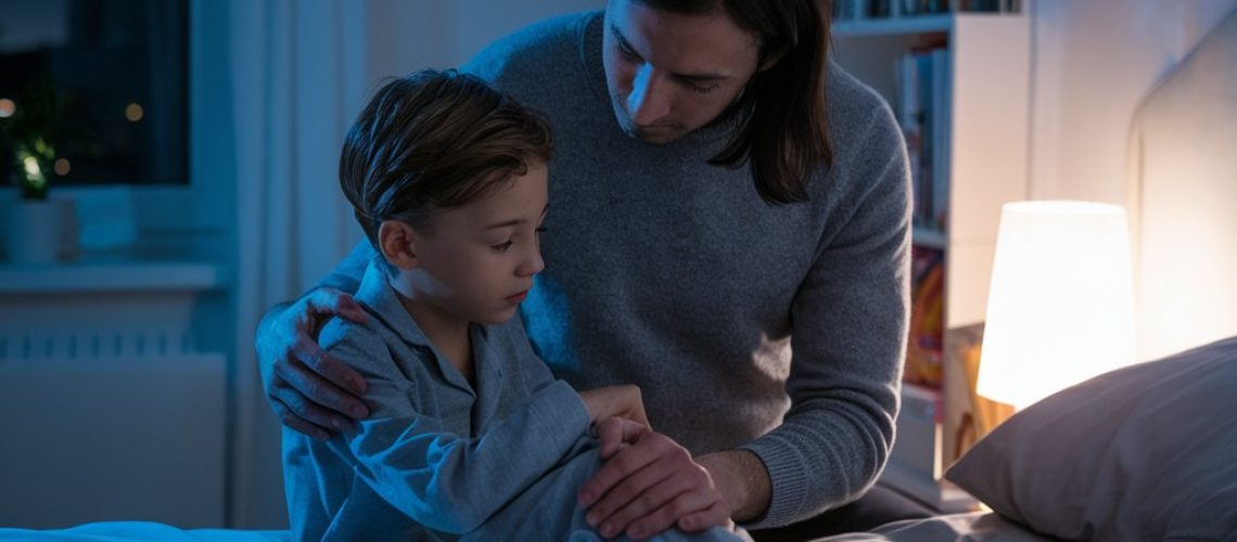 image of a child being comforted by a parent, while they give the child a light massage on the leg. A bedroom environment at night, conveying care and comfort.